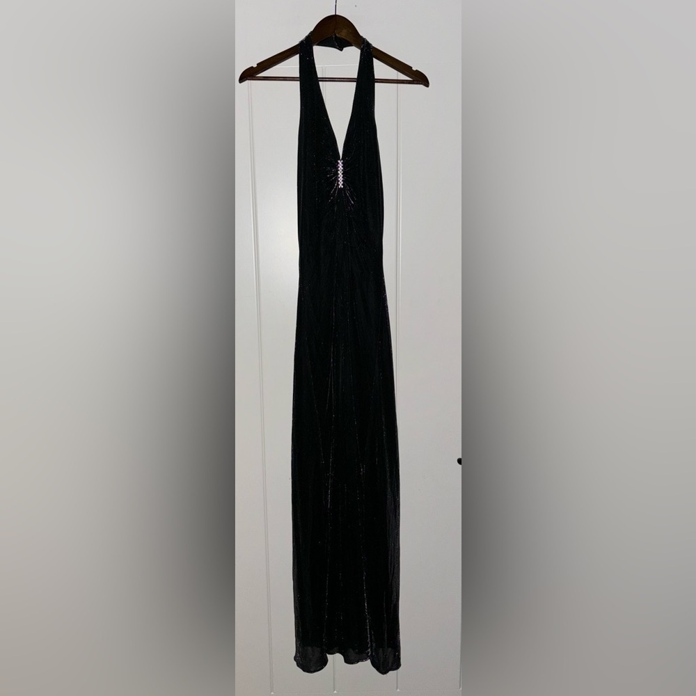 Vintage Onyx Nite Sparkle Metallic Halter Maxi Gown Y2K Cocktail Party Women 8‎